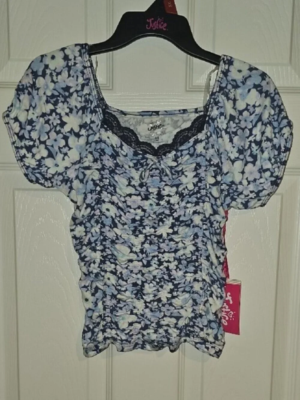 Justice Girls Med 10 Navy, White Floral Short Puff Sleeves Ruched Crop Top New
